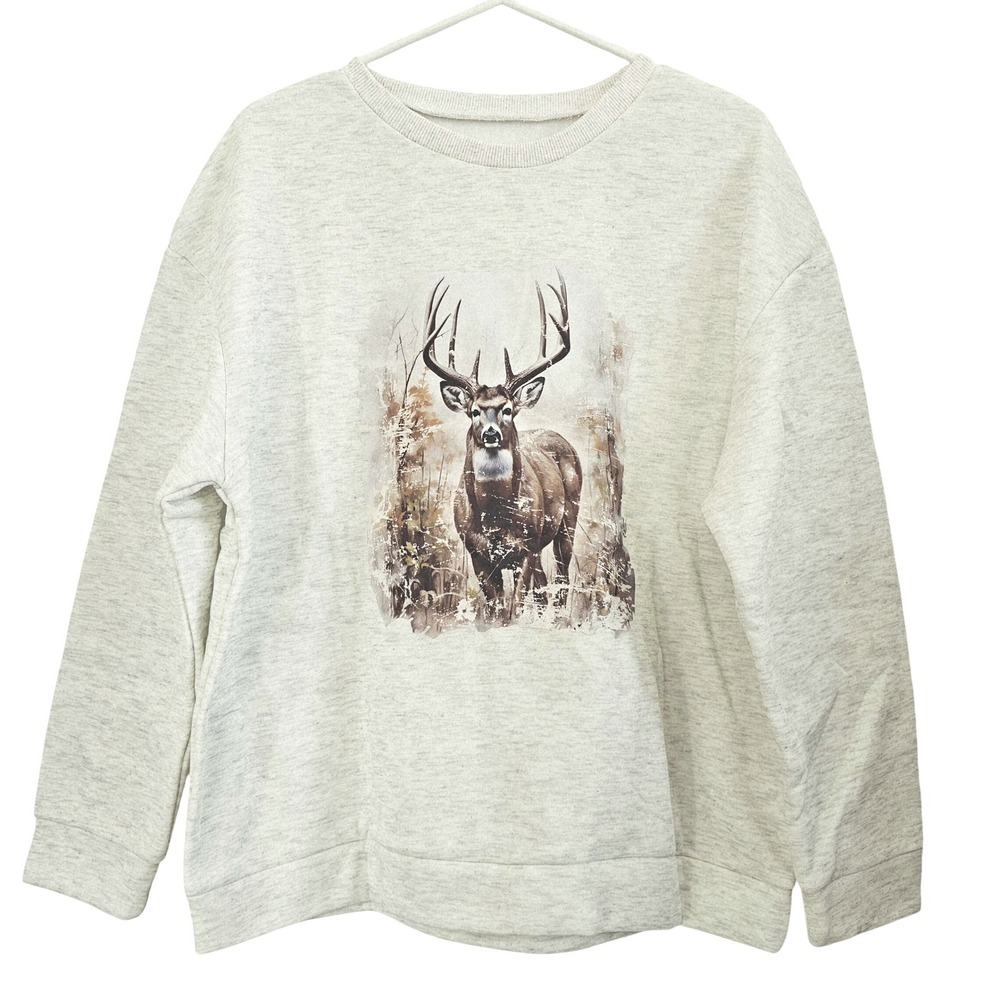 Unbranded Deer Graphic Sweatshirt Mens Large Oatmeal Heather Buck Fleece